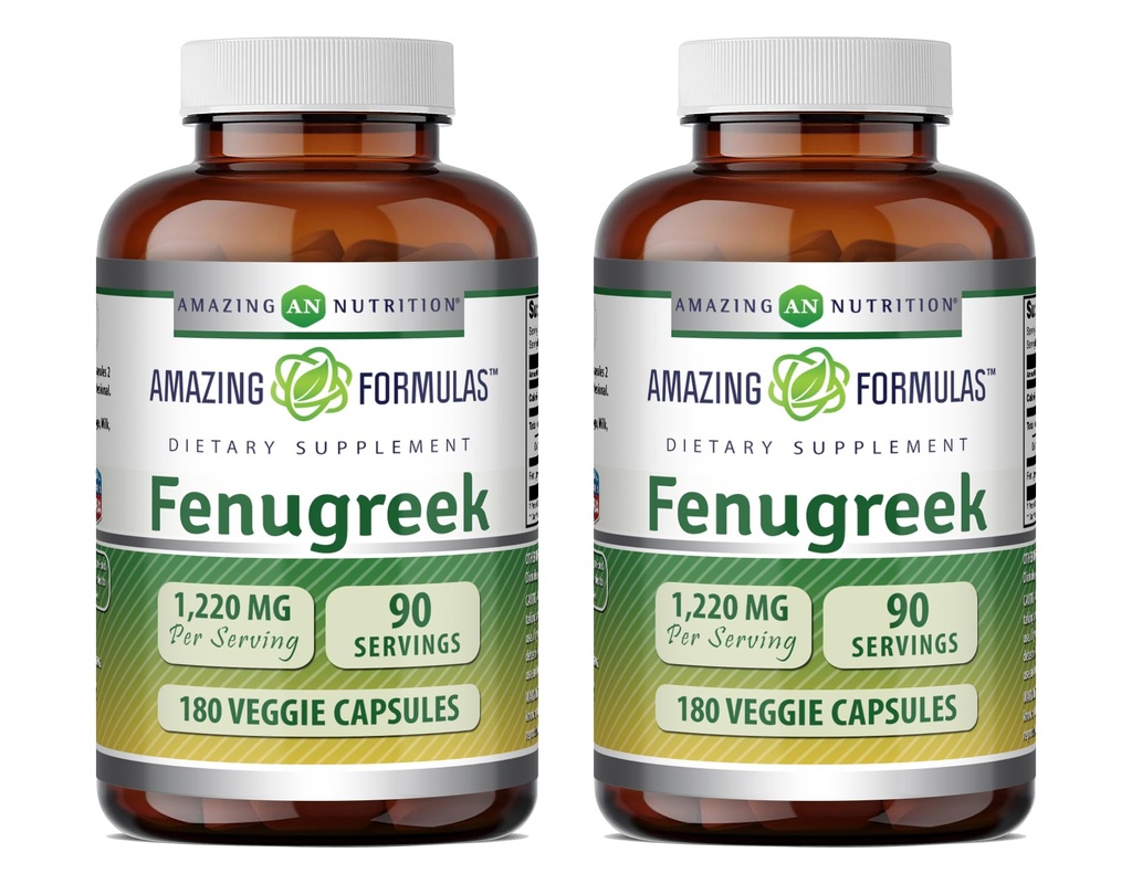Amazing Formulas Fenugreek Seed 1220 Mg | 180 Veggie Capsules Supplement | Made with Pure Seed Extract | Non-GMO | Gluten Free | Made in USA | 2 Pack | Ideal for Vegetarians