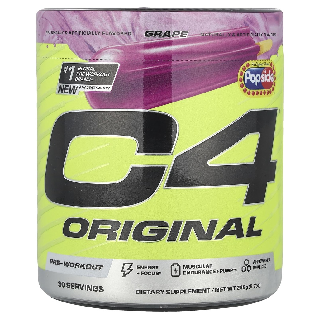 C4 Original Pre Workout – Popsicle Grape - Pre-Workout for Endurance, Focus & Performance with 200mg Caffeine, Beta-Alanine, Creatine Nitrate, L-Arginine & PeptiPump – Sugar Free, 30 Servings