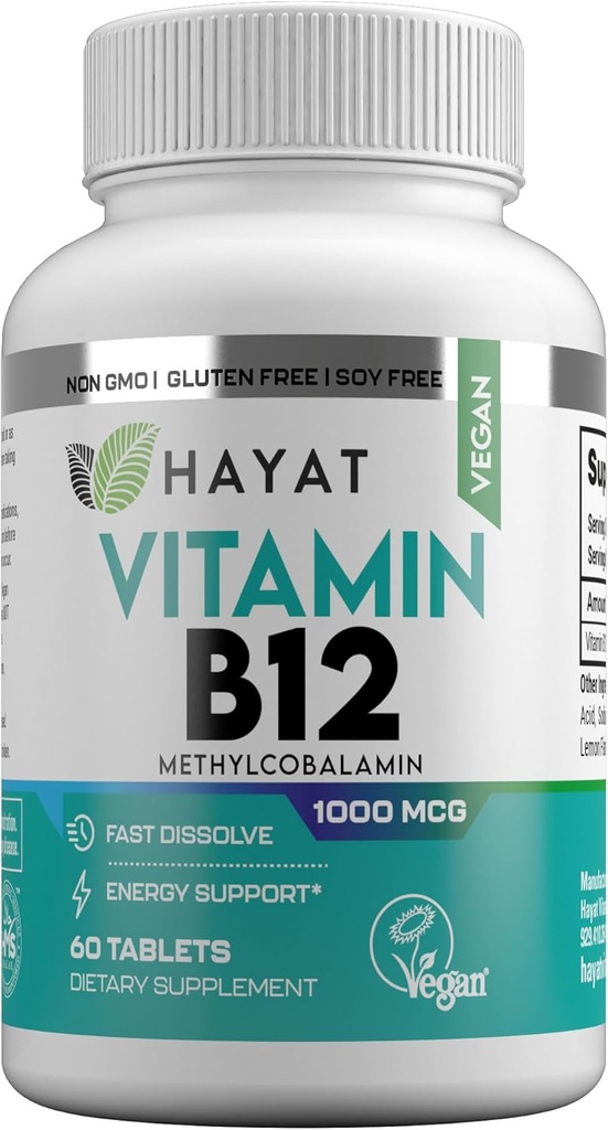 HAYAT Vitaminleri Vegan Doğal B12 1000 MCG, Enerji Metabolism Desteği için Diyetsel Tamam, 2 Ay Supply, All Natural, Certifiedl, 60 Tablet, ABD'de Yapılan