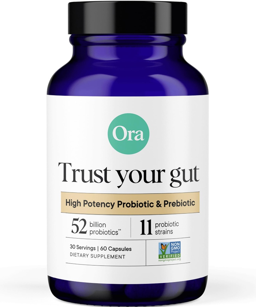 Ora Organic Probiyotiks with Prebiyotiks - 52 Milyar CFU 11 Klinik olarak Studied Strains for Digestive Health, Trust Your Gut, Gluten Free, 60 Capsules