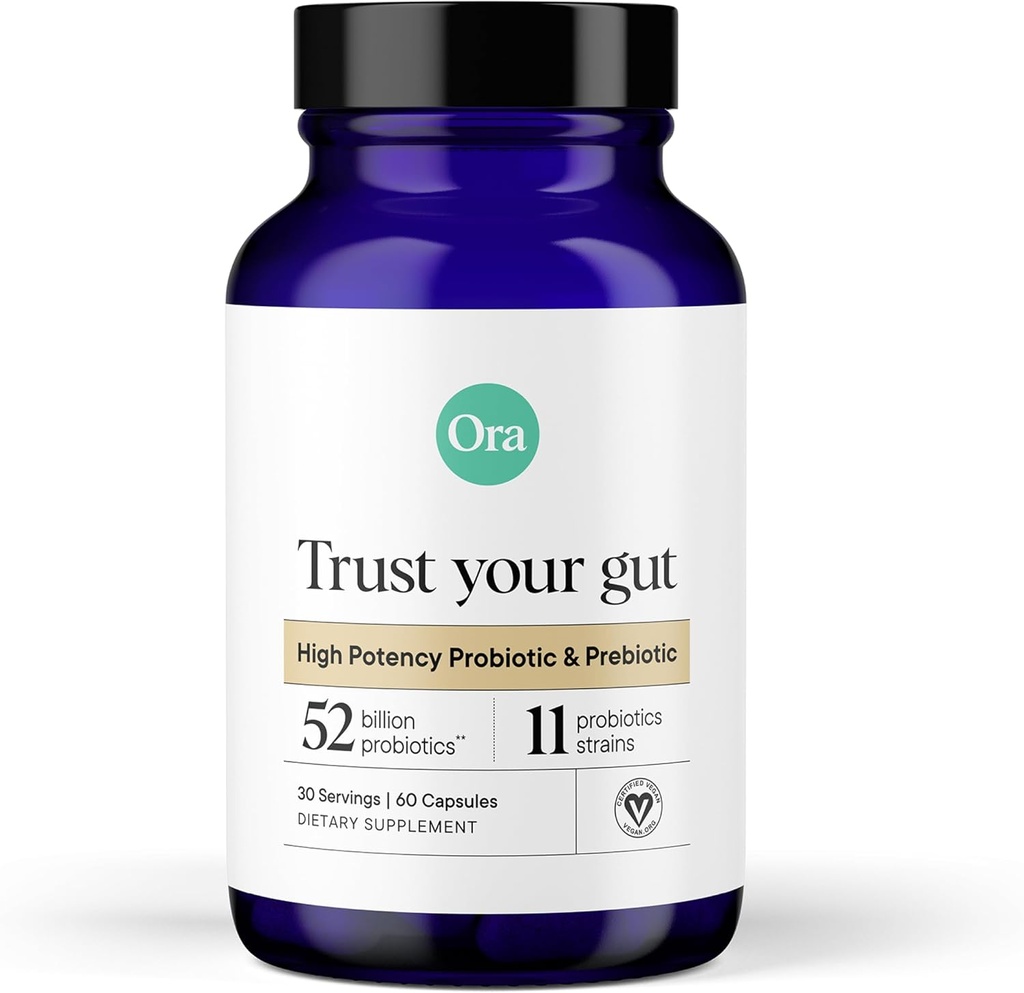 Ora Organic Probiyotiks with Prebiyotiks - 52 Milyar CFU 11 Klinik olarak Studied Strains for Digestive Health, Trust Your Gut, Gluten Free, 60 Capsules