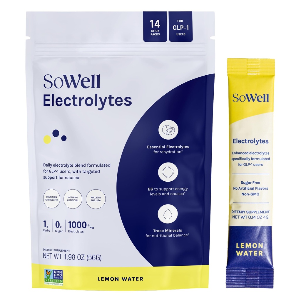 SoWell GLP-1 Enhanced Electrolytes Lemon Water Drink Mix, Hydration Support Powder with Coconut Water, Trace Minerals and B6 Vitamins, Sugar-Free, 14 Stick Packs
