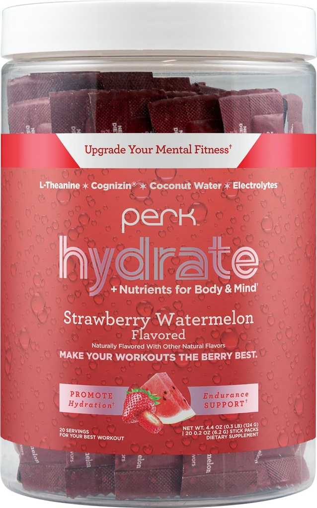 Perk Hydrate Electrolyte Stickpacks (Strawberry Watermelon) 20 Packets - Coconut Water, CDP-Choline, L-Theanine, Gluten-Free, Keto Friendly, Vegan