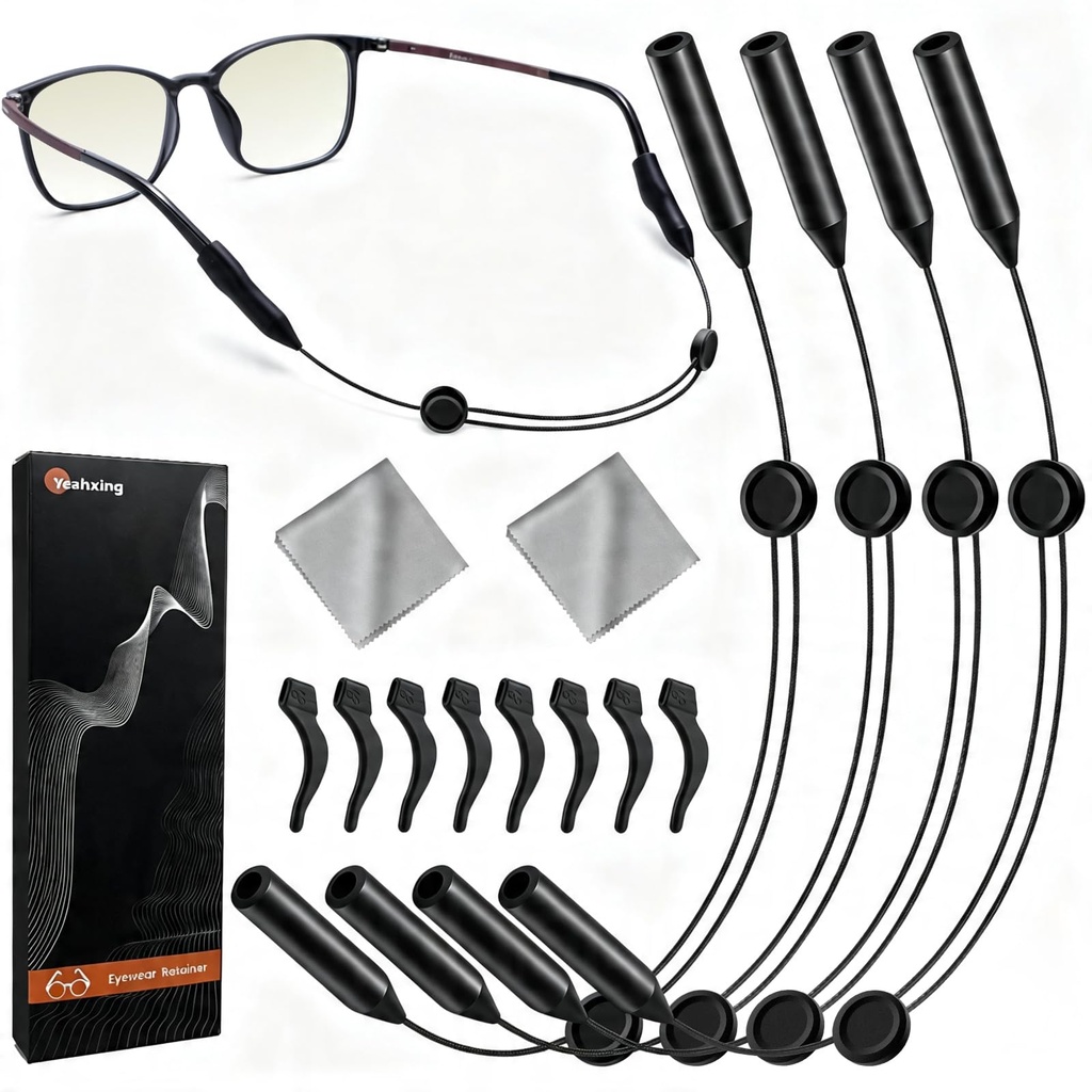 Yeahxing Glasses Strap for Ray-Ban Meta - 4 Pack 16Inch Eye Glasses String Straps with Retainer Ear Cushion, Eyewear Retainer, No Tail Anti Slip Sunglasses String Eyeglass Strap for Men Women
