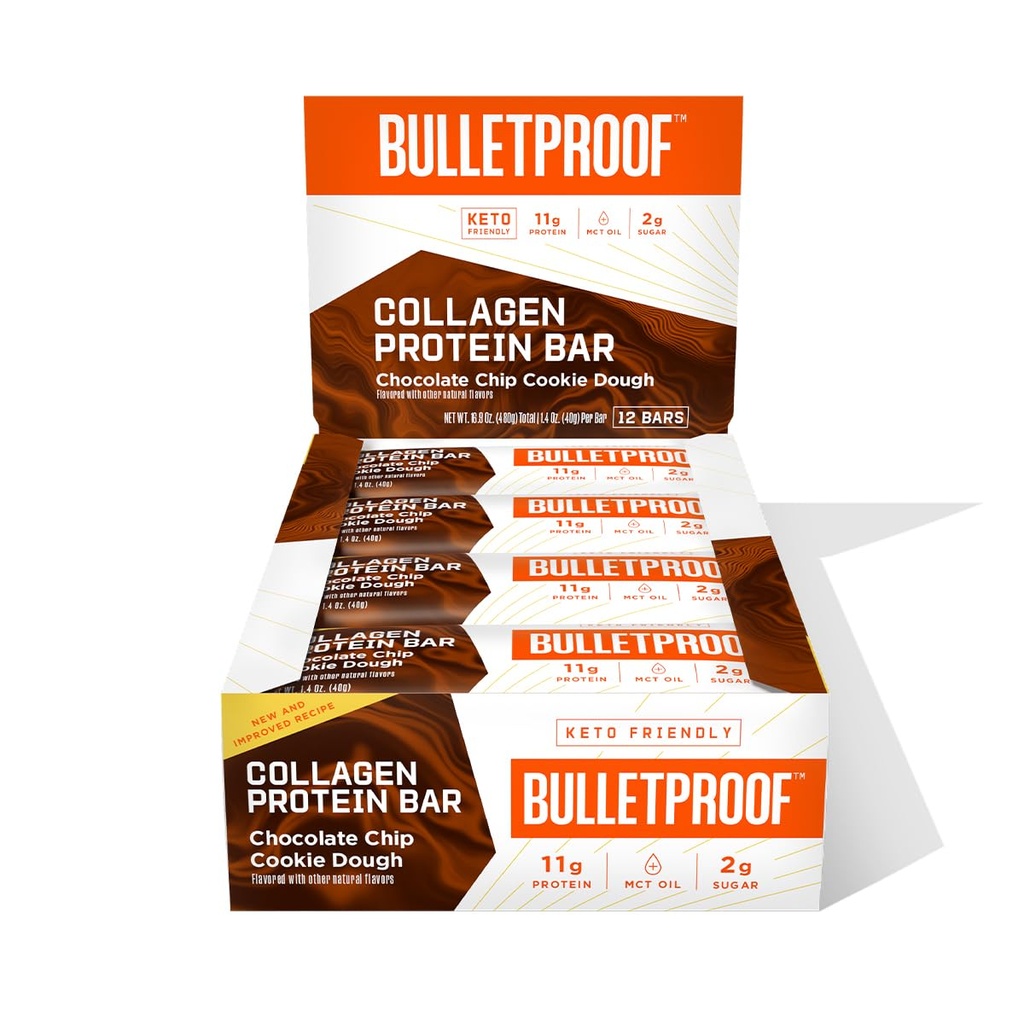 Αλεξίσφαιρα chip σοκολάτας Cookie Dough Collagen Protein Bars, συσκευασία των 12, Keto-Friendly Snack with MCT Oil, Grass-fed Collagen, Δεν Προστέθηκε Ζάχαρη