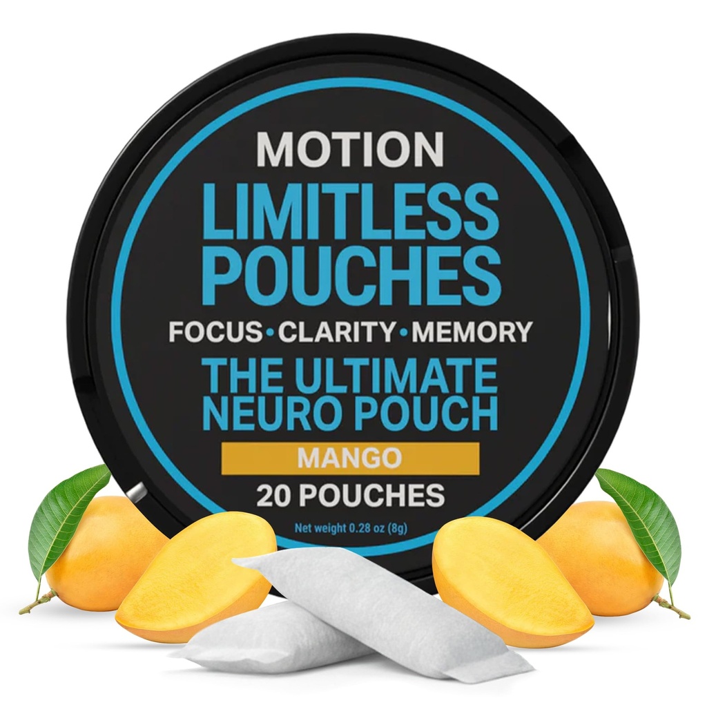 MOTION Focus & Energy Nootropic Supplement Pouches Mango Caffeine + L-Theanine + Alpha GPC Supports Mental Clarity and Focus Dietary Supplement with Sweet Tropical Taste, 20 Pouches