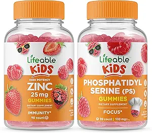 Ζωηρός ψευδάργυρος 25mg Παιδιά + Phosphatidylserine (PS) Παιδιά, Gummies Bundle - Μεγάλη γεύση, συμπλήρωμα βιταμίνης, Χωρίς γλουτένη, GMO Δωρεάν, Μασώμενο Gummy