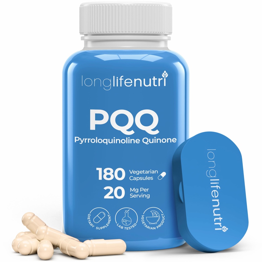 LongLifeNutri PQQ 20mg - 180 Vegetarian Capsules, Pyrroloquinoline Quinone, 6-Month Supply, Supplement for Daily Energy & Mental Performance, GMP Certified, Made in USA