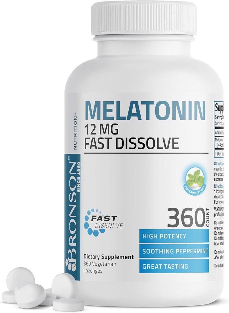 Bronson Melatonin 12 mg Fast Dissolve Nighttime Sleep Aid Support & Relaxation Support, 360 Peppermint Vegetarian Lozenges