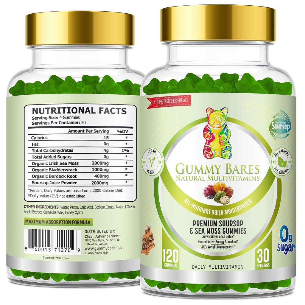 Sea Moss & Soursop Gummies - Organic Irish Sea Moss, Sour SOP Multivitamin, Soursop Bitters, Seamoss & Sea Grapes | Vegan, Sugar-Free (120 ct) | Gummy Bares