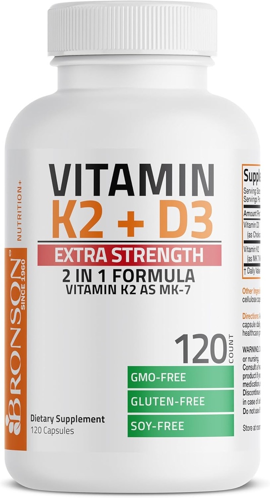 Bronson Vitamin K2 (MK7) D3 Ekstra Kuvvetli Kemik ve Kalp Sağlığı Non-GMO Formula 10.000 IU Vitamin D3 & 120 mcg Vitamin K2 MK-7 Sw Vitamin D & K, 120 Capsules