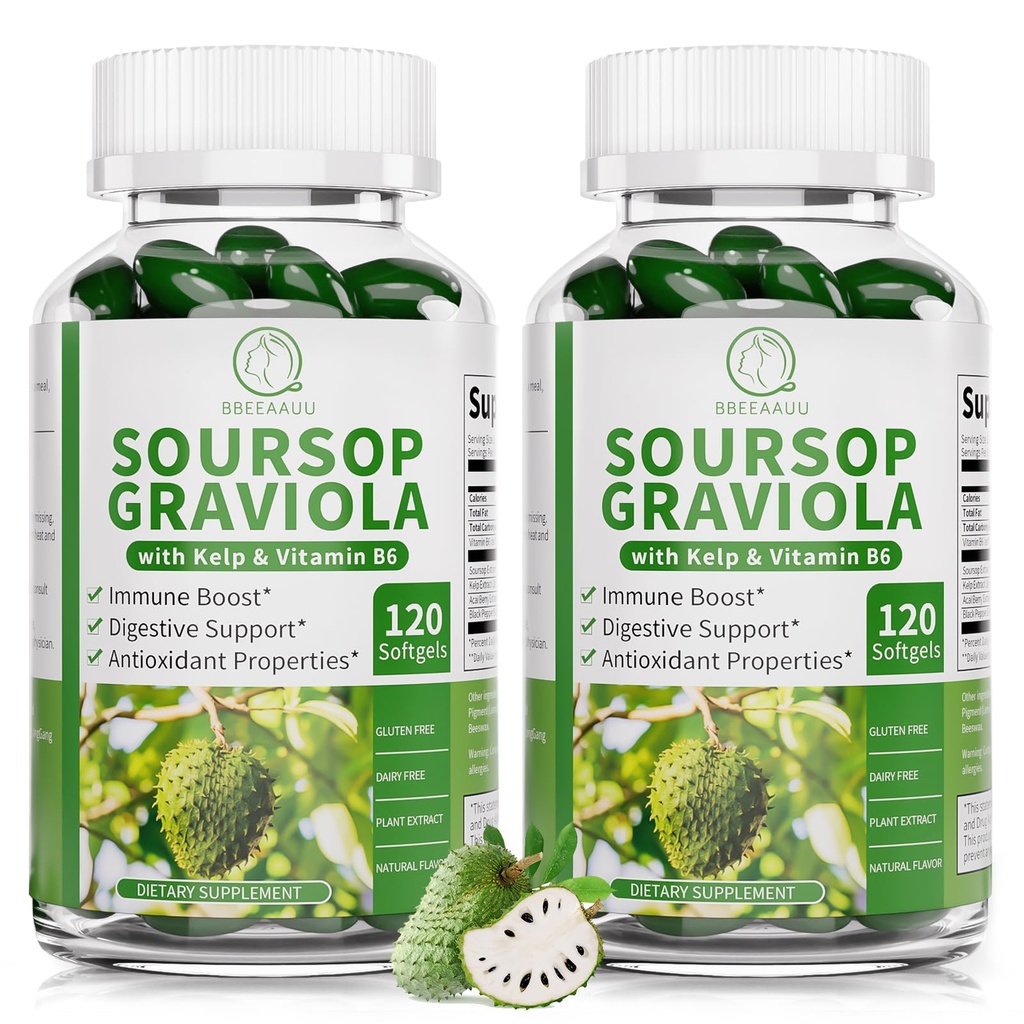 Soursop Graviola Capsules with Kelp, for Cell Regeneration, Enhances Immunity, Digestive Support, Anti-oxidant* Properties, Gluten Free, Vegan, 120 Counts (2 Pack)
