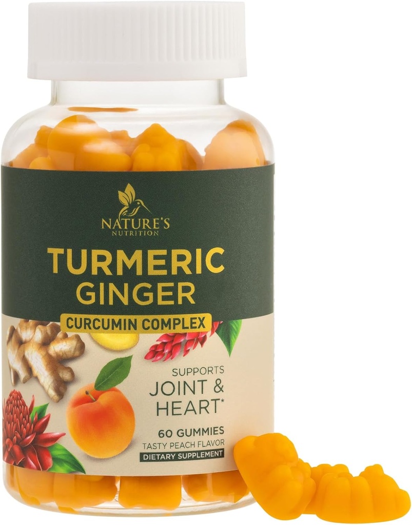 Turmeric Curcumin Supplement Gummies - Turmeric & Ginger, Black Pepper For Best Abors, Nature's Vegan Ortak Destek, Non-GMO, Gluten Free, Tasty Peach Flavor - 60 Gummies