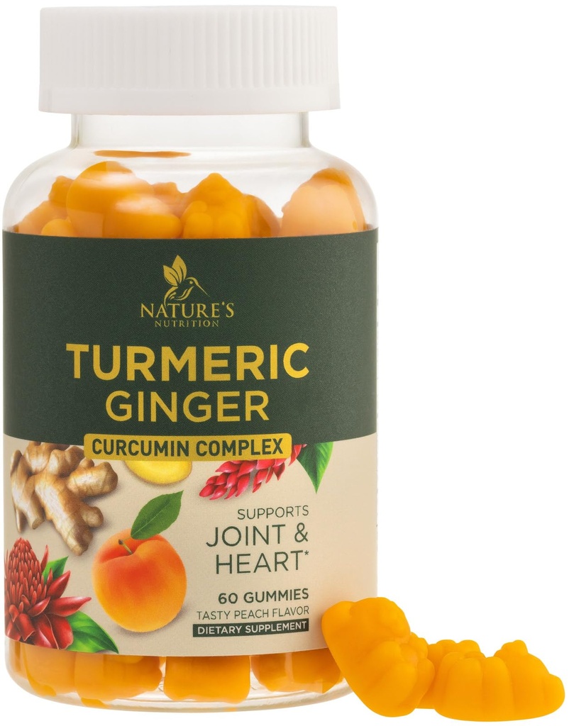 Turmeric Curcumin Supplement Gummies - Turmeric & Ginger, Black Pepper For Best Abors, Nature's Vegan Ortak Destek, Non-GMO, Gluten Free, Tasty Peach Flavor - 60 Gummies