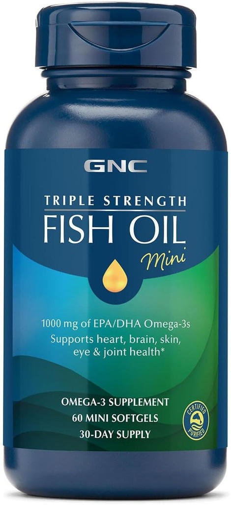 GNC Triple Strength Fish Oil Mini Omega 3 Supplement, 1000 mg EPA ve DHA, Supports Heart, Brain, Skin, Eye and Joint Health, 60 Mini Softgels