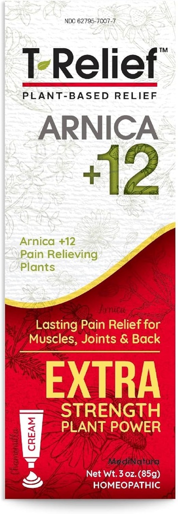 MediNatura T-Relief Extra Strength Pain Relief Cream Arnica +12 Fast-Acting Natural Relieving Actives Help Reduce Back, Neck, Joint, Muscle, Hand & Foot Aches, Pains, & Soreness - 3 oz