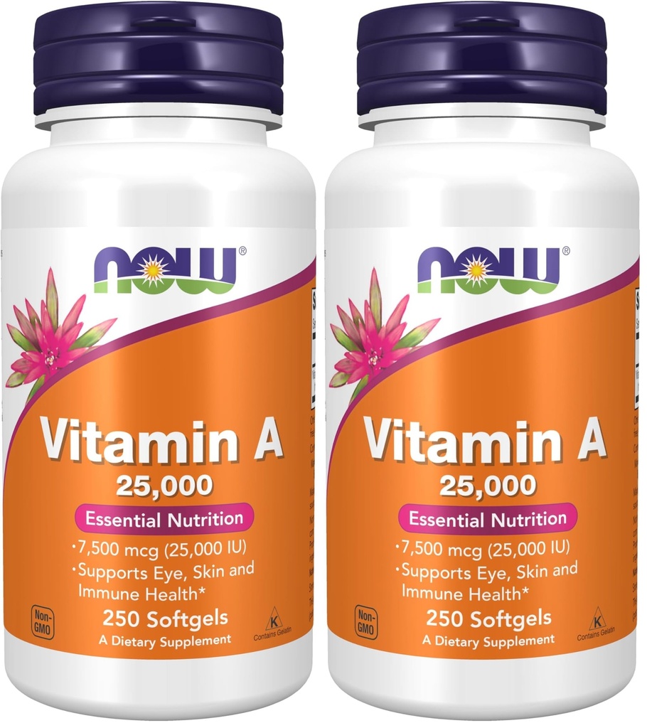 NOW Foods Supplements, Vitamin A (Fish Liver Oil) 25,000 IU, Essential Nutrition, 250 Softgels (Pack of 2)