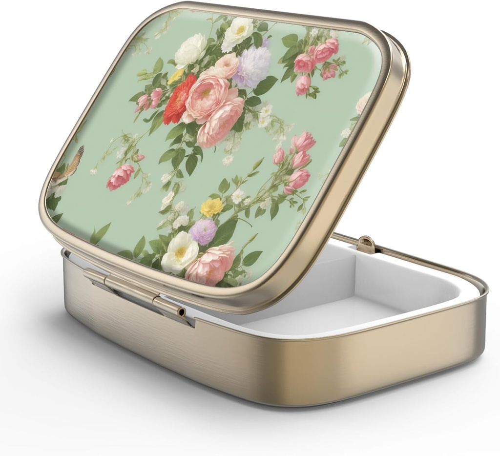 Pill Case Pill Box with Mirror Retro 2tment Small Pill Case for Purse or Pocket Bronz Rectangular Pill Box or Vitamins, Fish Oil, Supplements, Pill Containe Travel Hediyeleri (Retro Green Floral)