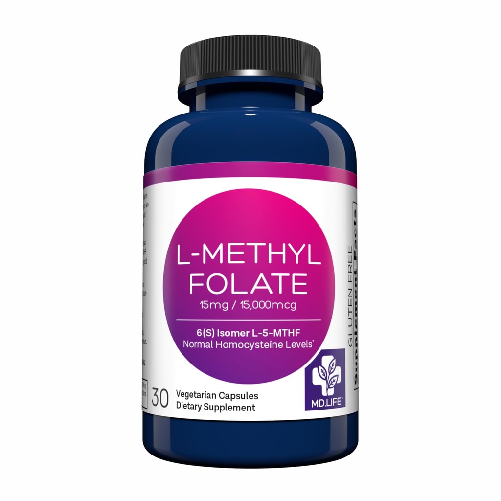 MD Life L-Methylfolate 15 mg Supplement - Profesyonel-Grade Active L Torchfolate Supplement - 30 Capsules - L-Methylfolate 15 mg - maksimum Potency MTHFR W /Esential