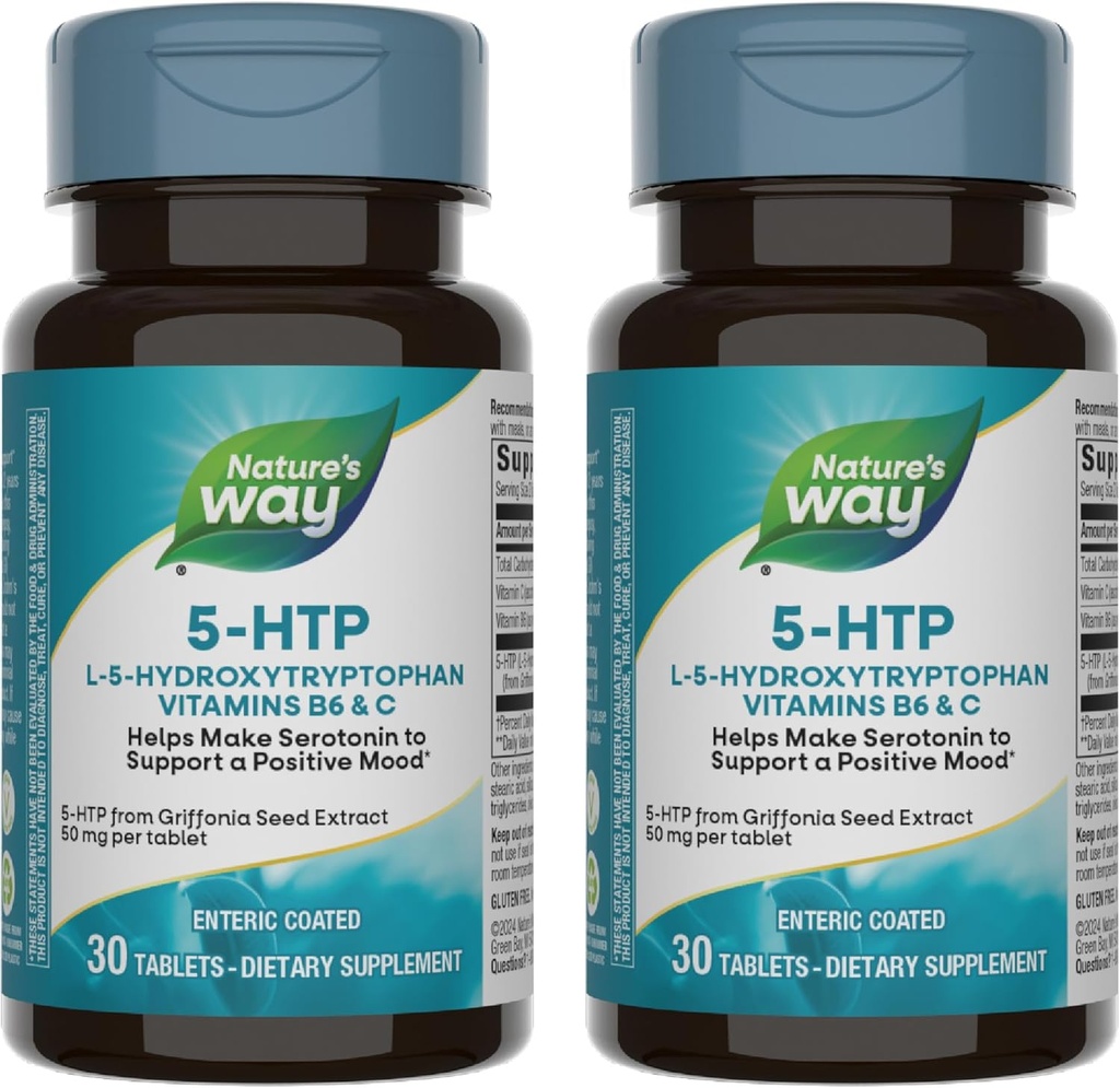 Nature's Way 5-HTP, L-5- Hydroxytryptophan, Βοηθά να κάνει σεροτονίνη για να προωθήσει ένα θετικό Outlook*, βιταμίνη Β6, βιταμίνη C, Griffonia Bean Extract, 30 δισκία (συσκευασία May Vary) - 2 Pack