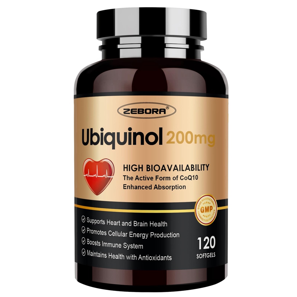 ZEBORA Ubiquinol CoQ10 200 mg Softgels, 4-in-1 Kalp ve Vascular Sağlığı için Güçlü Antioksi, Temel Enerji Üretimi, Max Abxia Active Form of CoQ10, 120 Softgels