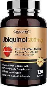 ZEBORA Ubiquinol CoQ10 200mg Softgels, 4-σε-1 Ισχυρό Αντιοξειδωτικό για την καρδιά και την αγγειακή υγεία, Απαραίτητη για την παραγωγή ενέργειας, Max Απορρόφηση Ενεργή μορφή CoQ10, 120 Softgels