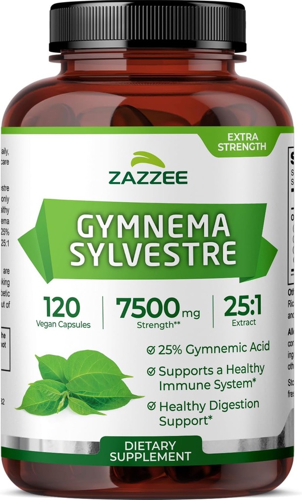 Zazzee Organik Gymnema Sylvestre 25:1 Ekstraksiyon, 7500 mg Güçlü,% 25 Gymnemik asit, 120 Vegan Capsules, 4 Ay Supply, Standardized ve Interd 25X Extract, All-Doğal ve Non-GMO