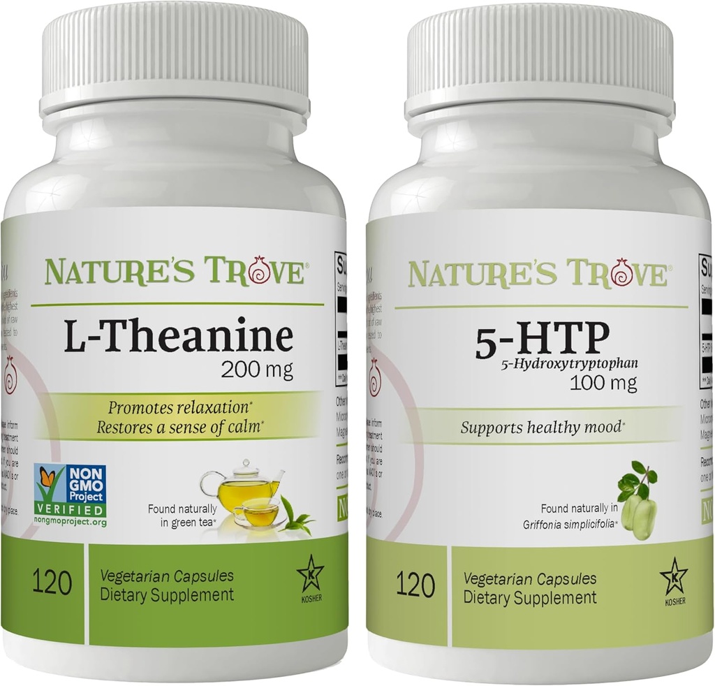 Nature's Trove L-Theanine 200 mg 120 Vegetarian Capsules & 5-HTP 100 mg 120 Vegetarian Capsules - Calm & Health Mood Stack