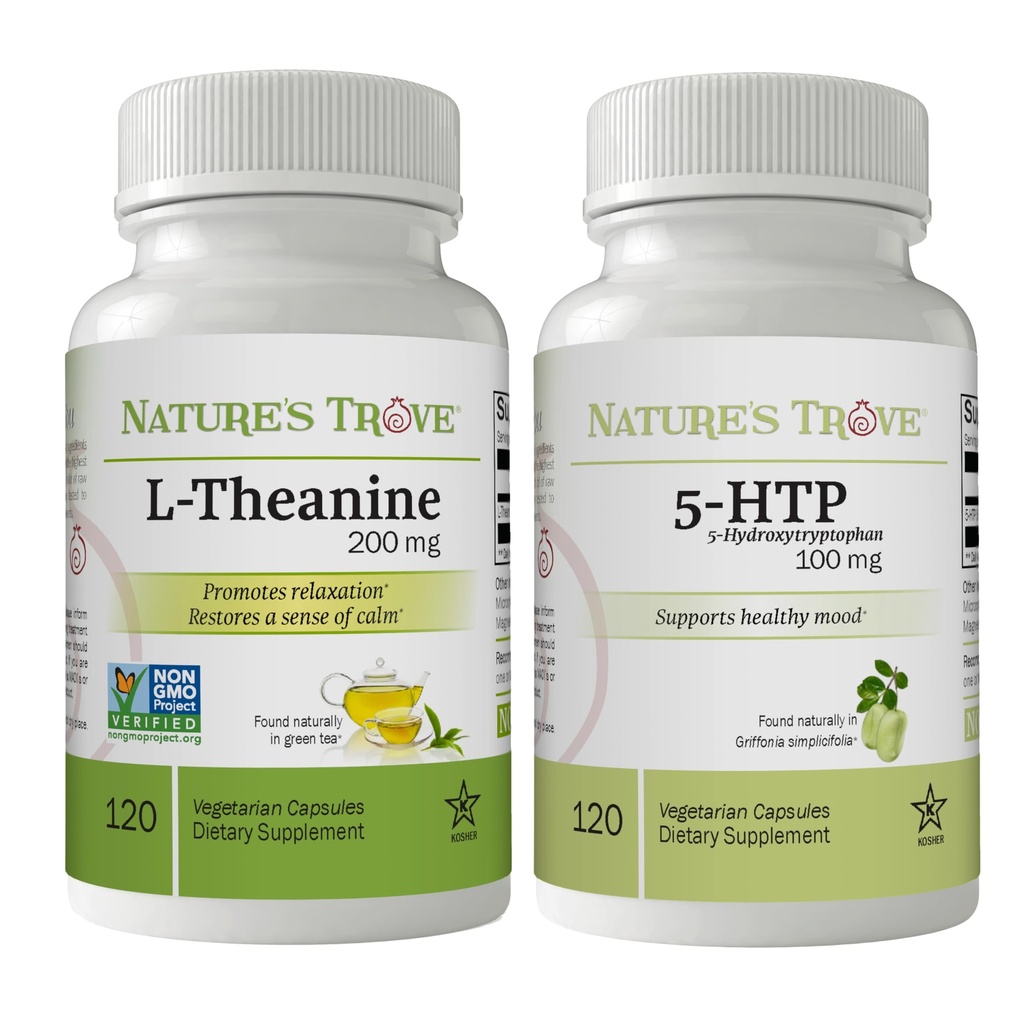 Nature's Trove L-Theanine 200 mg 120 Vegetarian Capsules & 5-HTP 100 mg 120 Vegetarian Capsules - Calm & Health Mood Stack