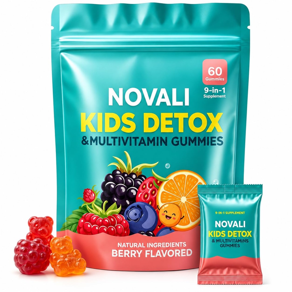 Novali Kids Detox Gummies, Zeolite Detox for Kids, 9-in-1 with Good Gummies, Sugar Free Mixed Berry Flavor, 60 Count