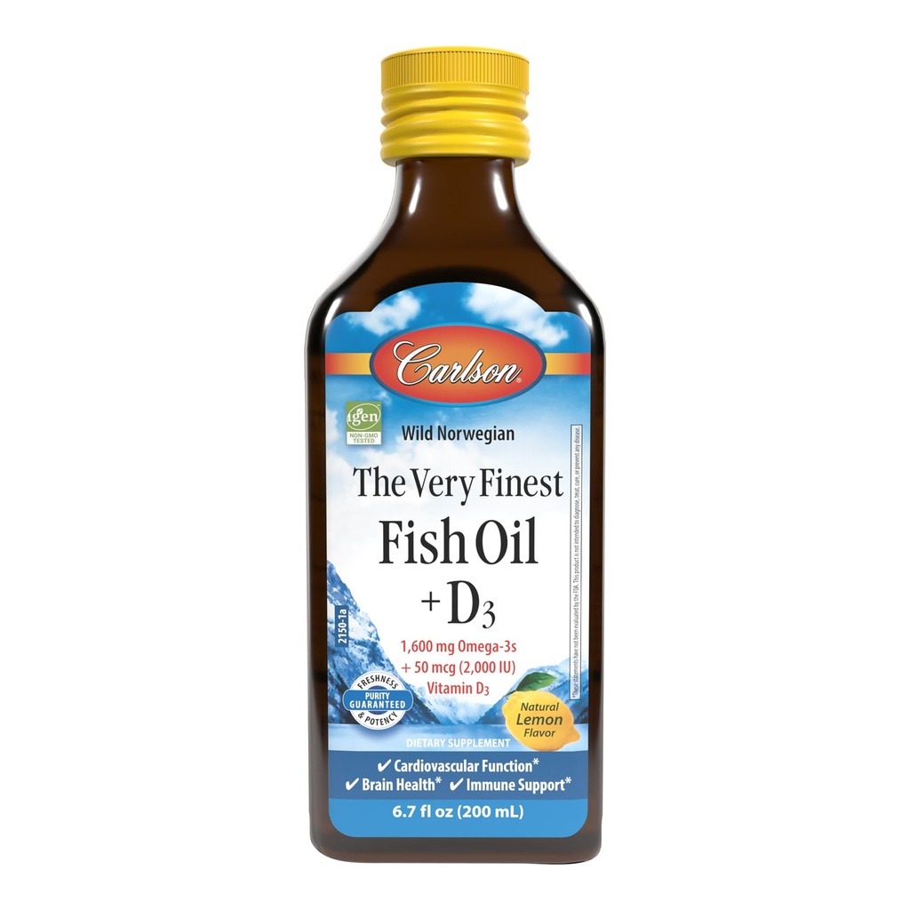 Carlson - The Very Finest Fish Oil + D3, 1600 mg Omega-3s, 50 mcg (2000 IU) Vitamin D3, Sıvı Fish Oil and D3 Supplement, Norveç, Wild Caught, Sustainably Sourced, Lemon, 200 mL (6.7 Fl Oz)