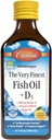 Carlson - The Very Finest Fish Oil + D3, 1600 mg Omega-3s, 50 mcg (2000 IU) Βιταμίνη D3, Υγρό ιχθυέλαιο και D3 συμπλήρωμα, Νορβηγικά, Άγρια αλιεύονται, Με βιώσιμη προέλευση, λεμόνι, 200 mL (6.7 Fl Oz)