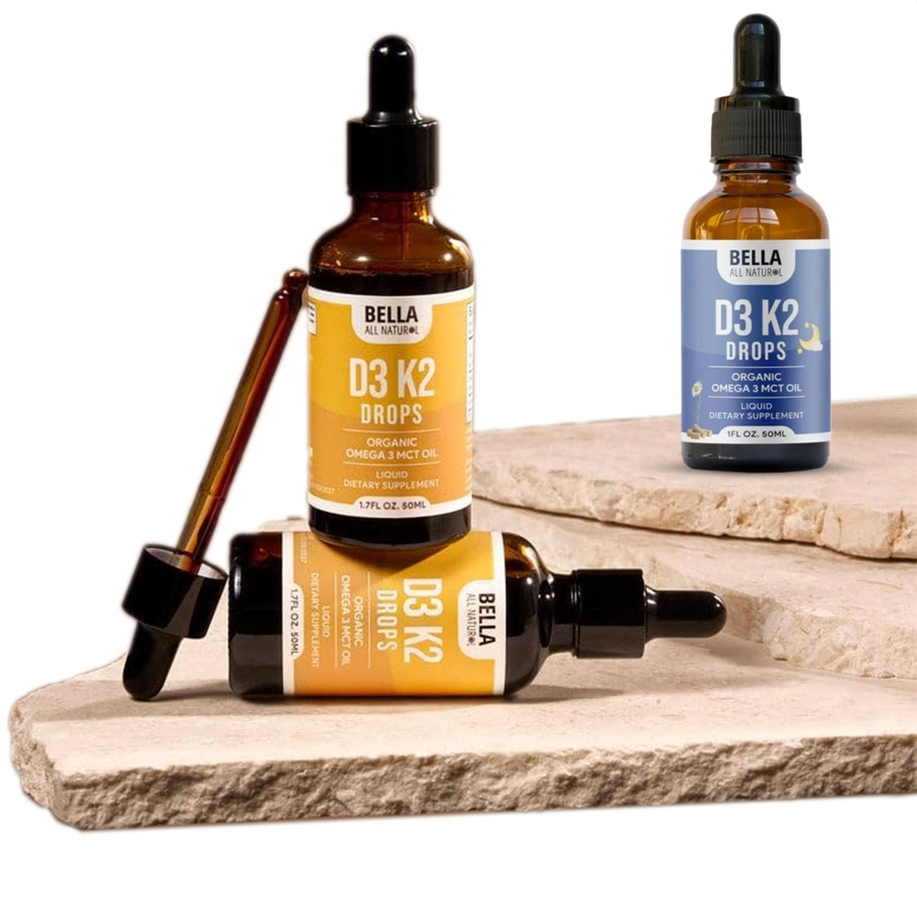 Bella All Natural Vitamin D3 K2 Liquid Drops 5000 IU Morning & Evening Drops Pack of 2 | These Vitamin D3 K2 Drops Help Support Heart, Bone & Immune Health