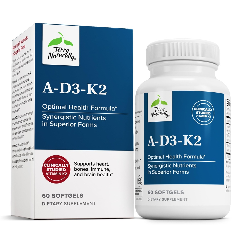 Terry Naturally A•D3•K2 - Healthy Supplement for Immune Support, Heart Health & Bone Support - Supplement for Strong Bones & Healthy Heart - Includes Vitamins A, D3 & K2-60 Softgels (60 Servings)