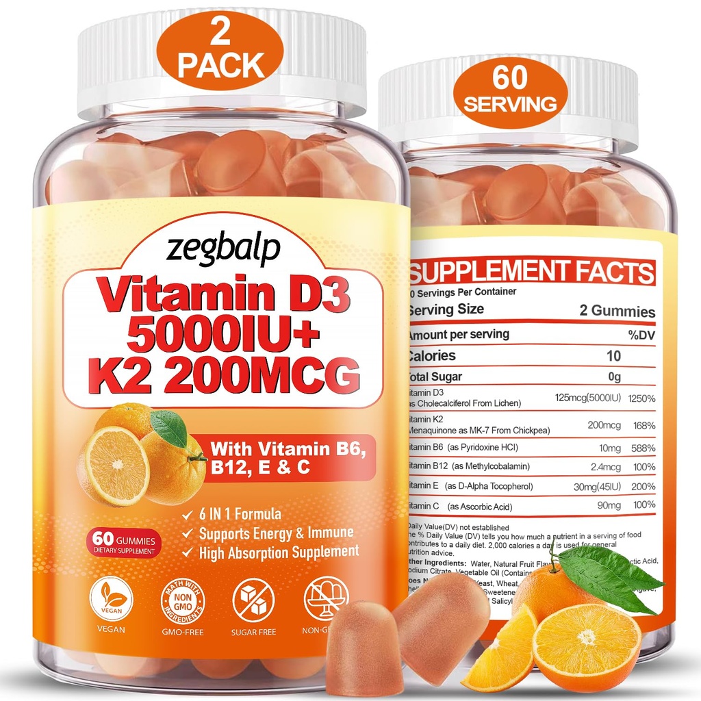 2Packs Vitamin D3 K2 Gummies for Adults, Sugar-Free Vitamin D3 5000IU + K2(MK-7) 200mcg Supplement with Vitamin B Complex & Vitamin C E Supports Bone, Muscle, Teeth & Immune, Vegan, Gluten Free