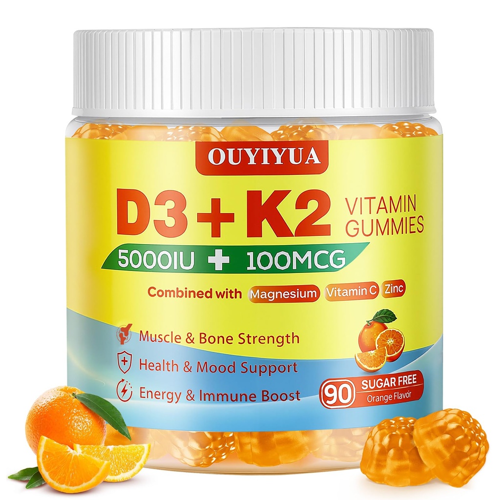 Vitamin D3 K2 Gummies，Vitamin D3 5000IU + K2 (MK-7) 100mcg Gummies for Adults | Immune Health Support, Teeth & Muscle Function Boost |90 Count