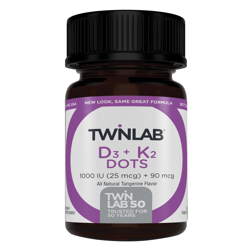 Twinlab Vitamin D3 1000 + K2 Dots - Bone & Heart Health - Immune Support - 25 mcg, 60 Tablets (1000 IU)