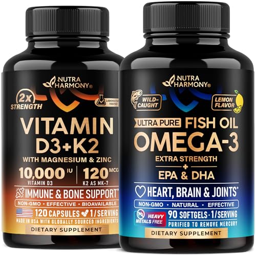 NUTRAHARMONY Vitamin D3 K2 Capsules & Omega 3 Fish Oil Softgels