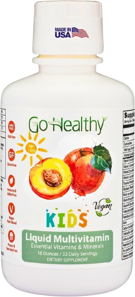 Go Healthy Kids Liquid Multivitamin, Immune Support, Kid Liquid Multivitamins, High Absorption Vegan Vitamins, Kids Vitamins Multivitamin Peach Mango - 30-60 Servings