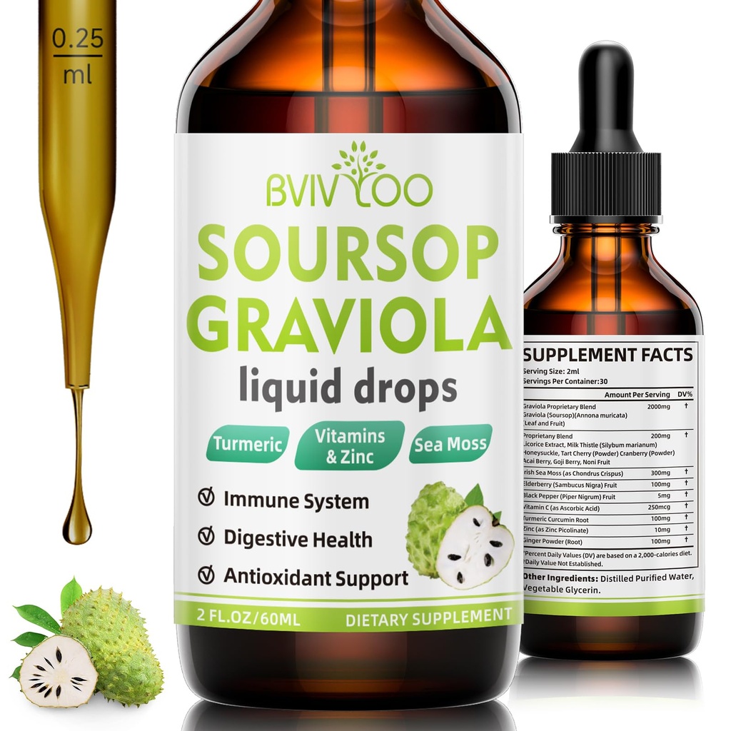 Soursop Graviola Liquid Drops - 2000mg Pure Soursop Extract Αναμειγνύεται με 300mg Sea Moss & 100mg Elderberry - Ισχυρή υποστήριξη κυττάρων, Antioxidant-Rich, ανοσοποίηση - 2 Fl Oz (60ml) Μπουκάλι