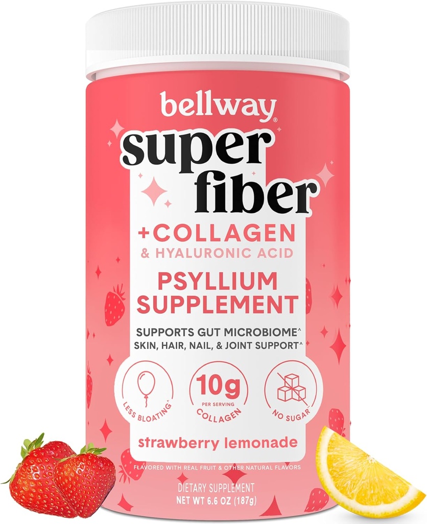 Bellway Super Fiber Toz + Collagen, Sugar-Free Psyllium Husk Toz Collagen Peptides ve Hyaluronic Acid for Gut Health, Sağlıklı Skin, Nails, Bones & Commons, Strawberry Lemonade (11 hizmet)