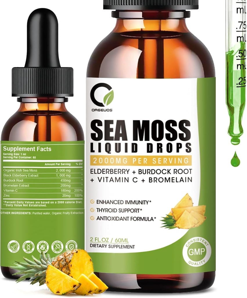 Sea Moss Drops 2000mg, Irish Sea Moss Supplement Supports Immunity, with Black Elderberry, Burdock Root, Bromelain, Vitamin C & Zinc, 2 Fl.Oz, Ανανάς Γεύση