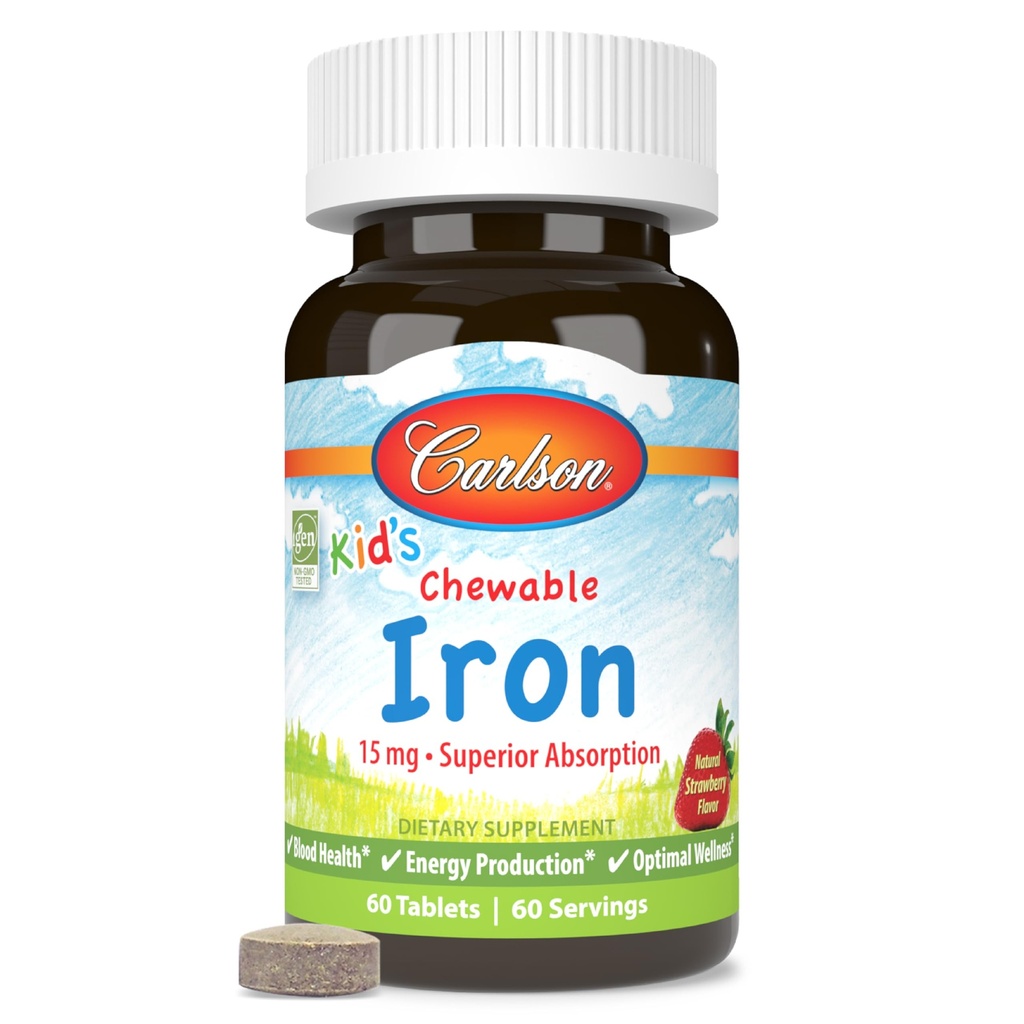 Carlson - Kid's Chewable Iron, 15 mg, Superior Abvitamin, Blood Health, Energy Production & Optimal Wellness, Natural Strawberry Flavor, 60 Tablets