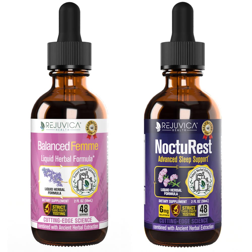 Rejuvica Health Balanced Femme + NoctuRest - Kadın Denge + Uyku - Daha İyi Aborpsiyon için Sıvı Teslimat - Dong Quai, Melatonin, Maca, Hops, Chamomile, Theanine & More!