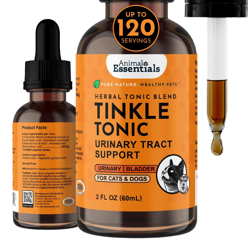 Animal Essentials Tinkle Tonic - Dog & Cat Urinary Tract Support, Kidney Supplement, Supports Urinary Tract, Bladder Health for Pets, with Marshmallow - 2 fl oz