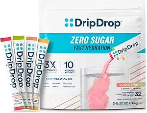 DripDrop Sugar Free Hydration Packets - Zero Classic Diversity Pack - Single Serve Electrolytes Toz İçecek Mix - Limon Lime, Watermelon, Peach, Passion Fruit - Non-GMO, Gluten Free, Vegan - 32 Sticks