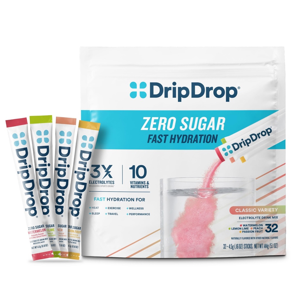 DripDrop Sugar Free Hydration Packets - Zero Classic Variety Pack - Single Serve Electrolytes Powder Drink Mix - Lemon Lime, Watermelon, Peach, Passion Fruit - Non-GMO, Gluten Free, Vegan - 32 Sticks
