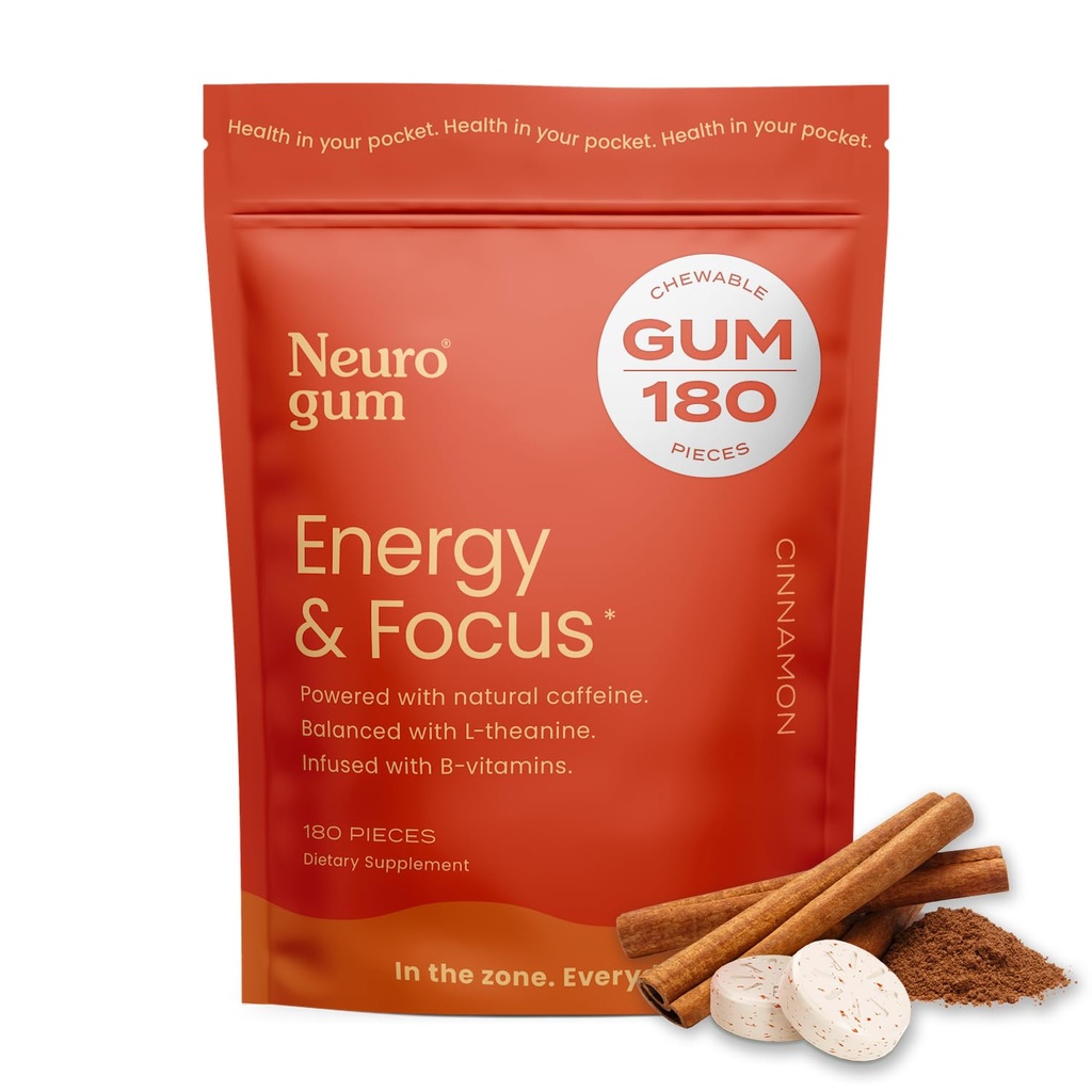 NeuroGum Energy & Focus Gum (Cinnamon, 180 Pieces) | 40mg Natural Caffeine + L-Theanine + Vitamin B12 & B6 + Xylitol | Sugar Free Nootropic Cognitive Brain Performance Supplement