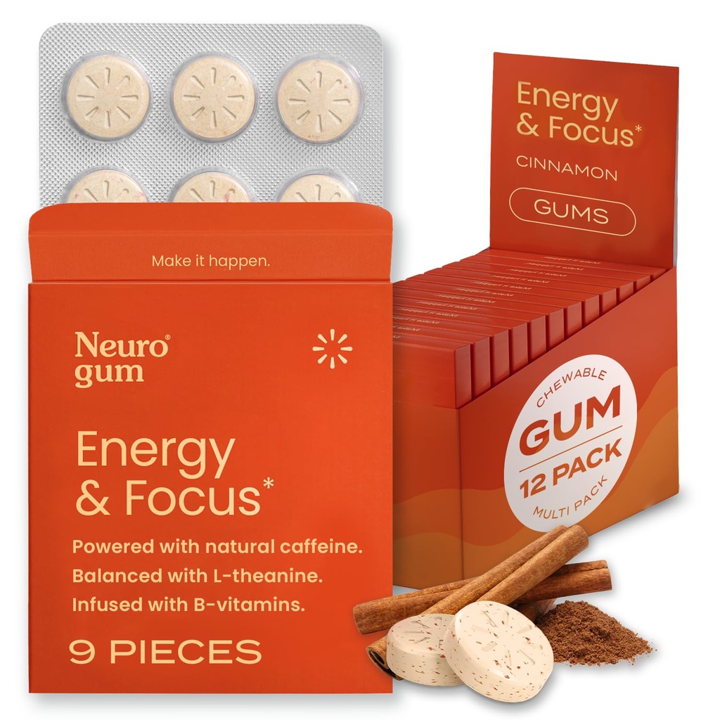 NeuroGum Energy & Focus, Cinnamon, 12 Packs, 9 Pieces Each
