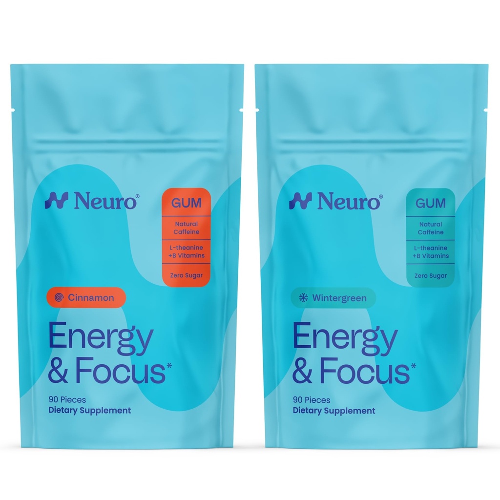 Neuro Energy & Focus Smart Gum Bundle – Cinnamon (90ct) + Wintergreen (90ct), Natural Caffeine, L-Theanine, B12 & B6, Sugar-Free Nootropic Brain Support Supplement